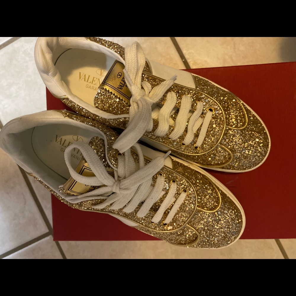 VALENTINO FLY CREW GLITTER SNEAKERS GOLD